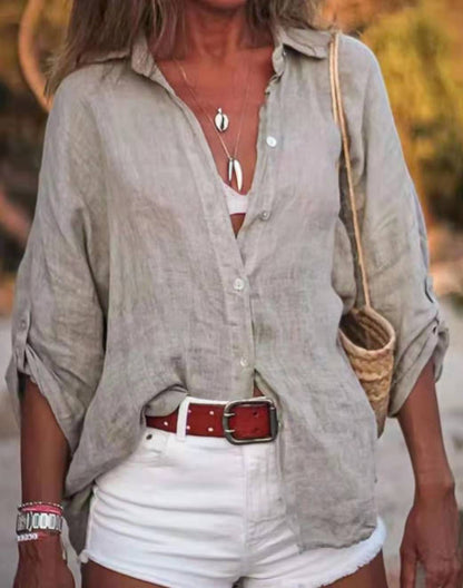2024 Cross-border Europe and the United States AliExpress new women's pure cotton solid color loose seven-quarter sleeve shirt